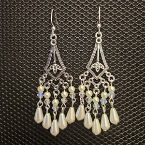 Ivory faux pearl and faceted iridescent glass crystal chandelier earrings